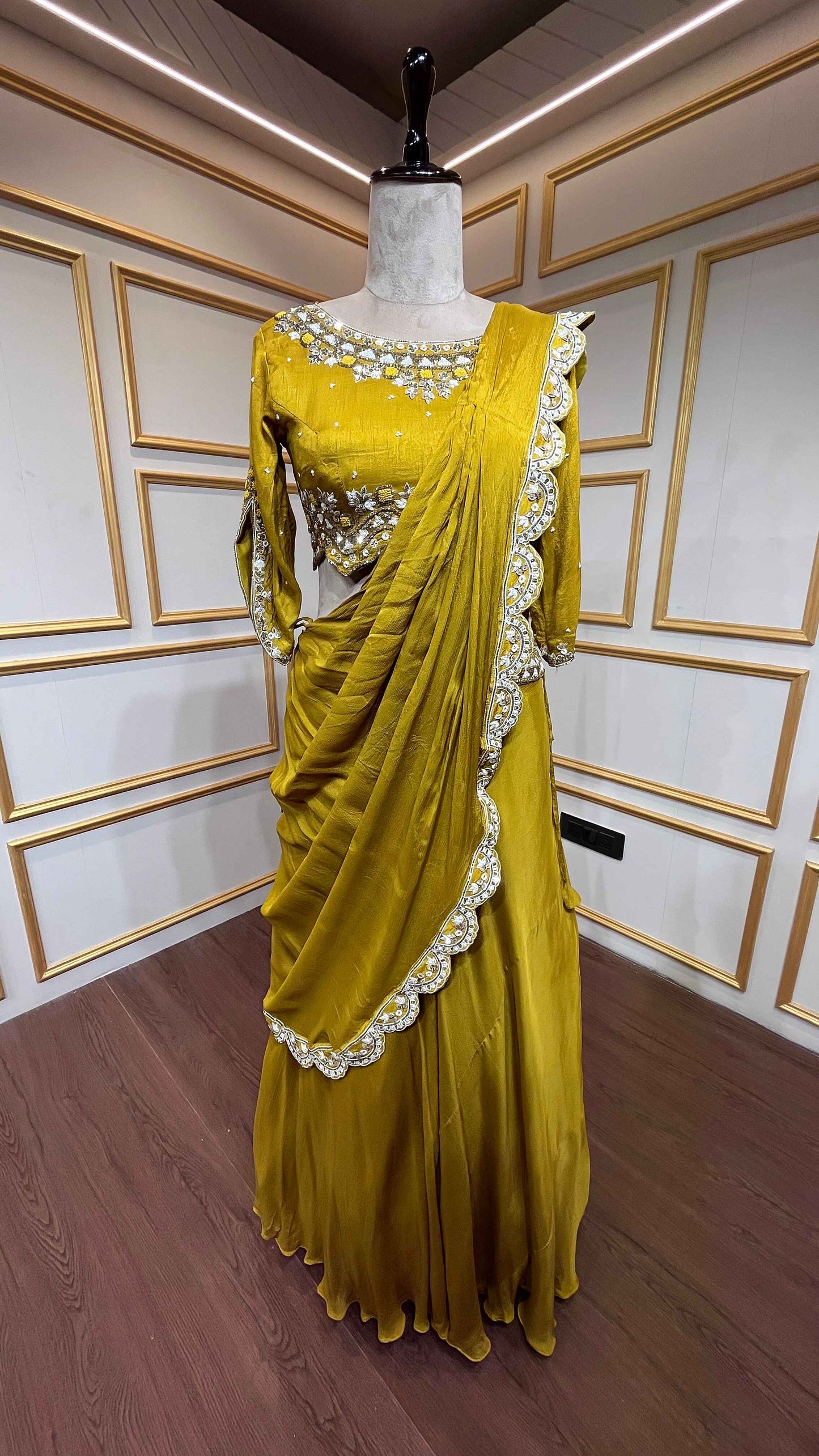 Mustard drape lehenga with french knot & cut dana in chinon