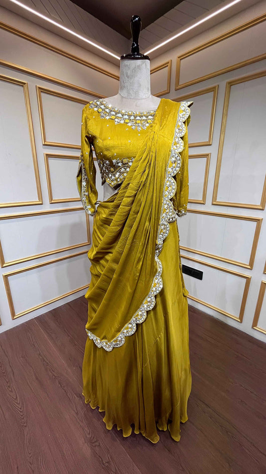 Mustard drape lehenga with french knot & cut dana in chinon