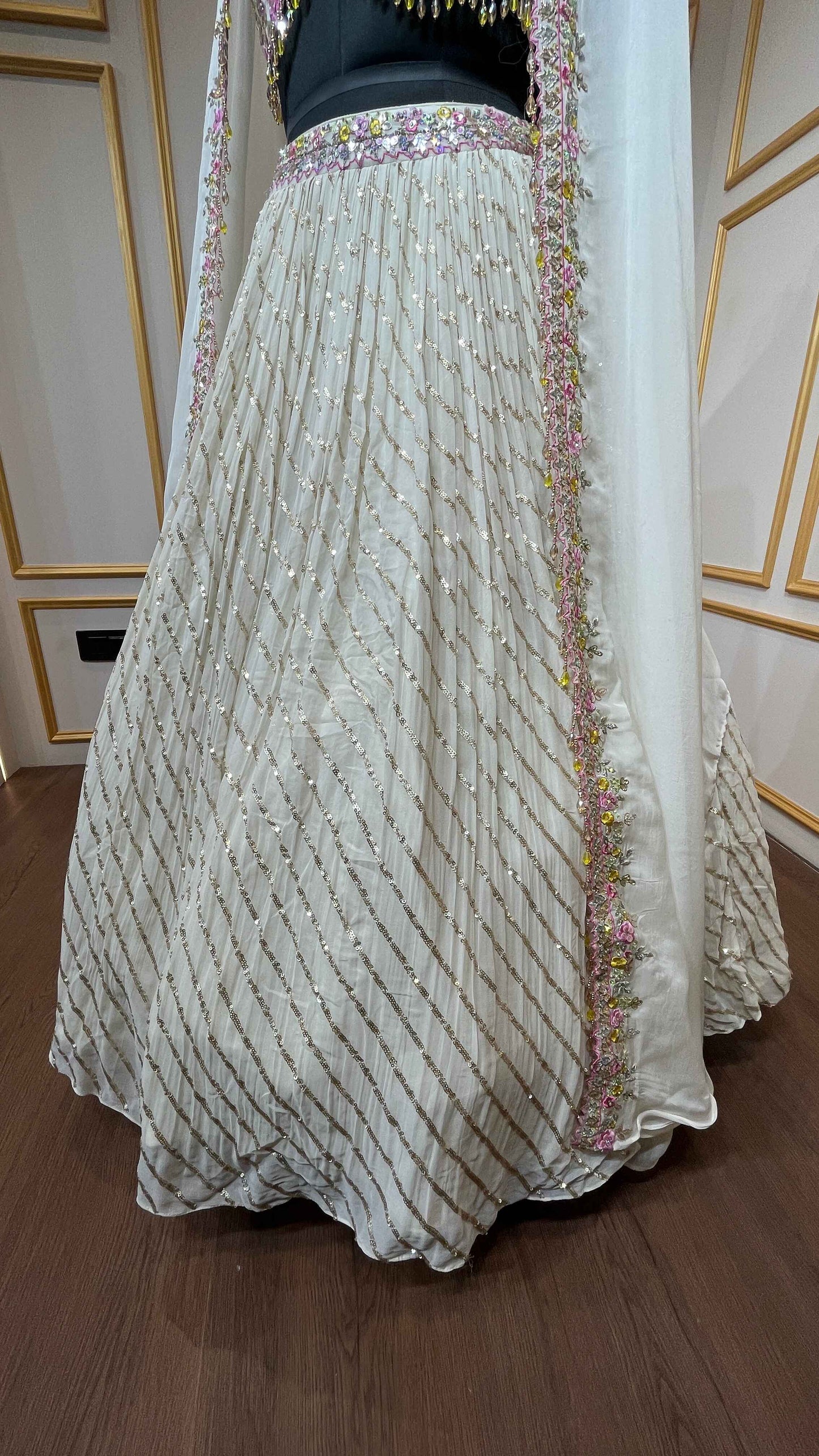 Georgette crop top skirt in ivory color in thread, siroski, sequins work with shrug