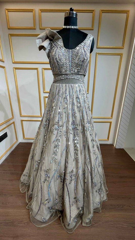 Shimmer fabric gown with sequins & pearl in champagne