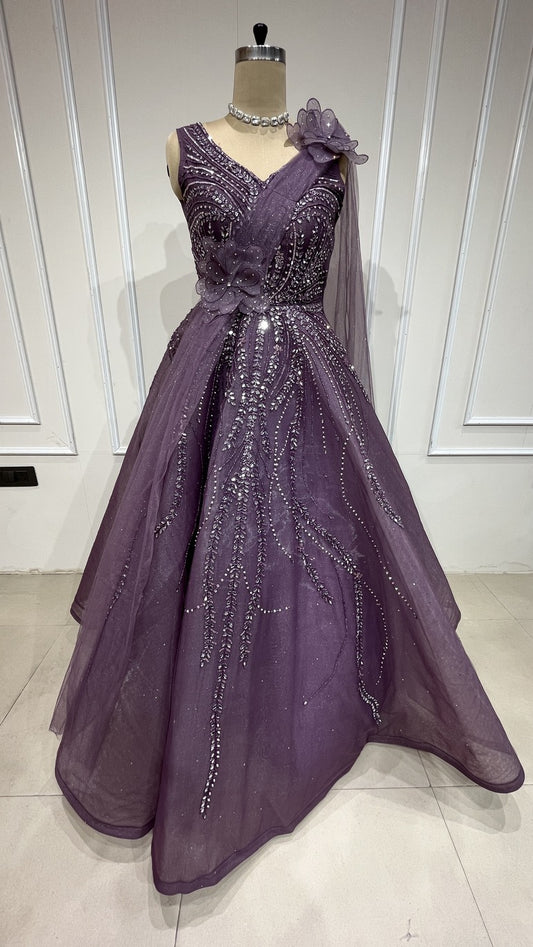 Mesh engagement gown with mirror & crystal in luxury purple