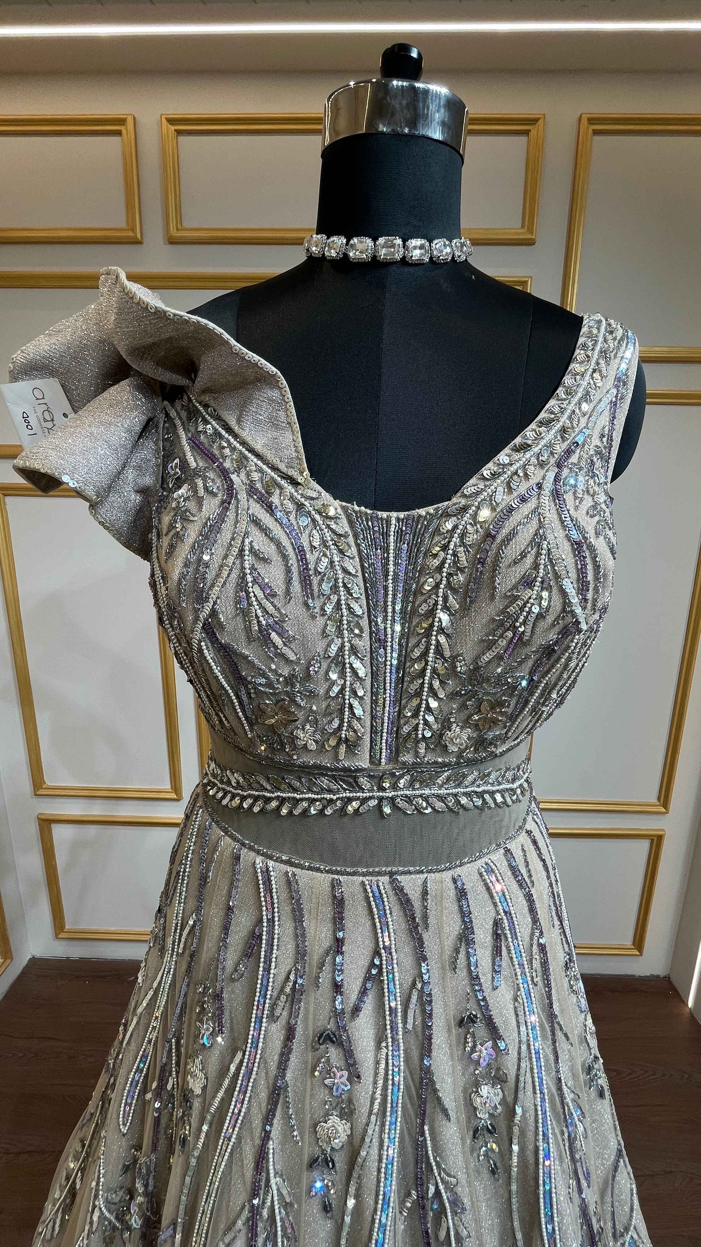 Shimmer fabric gown with sequins & pearl in champagne