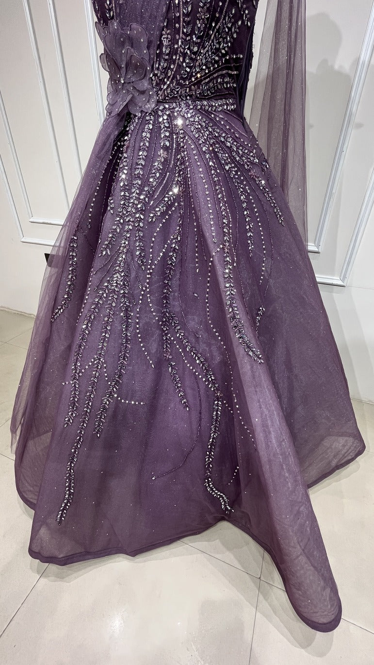 Mesh engagement gown with mirror & crystal in luxury purple
