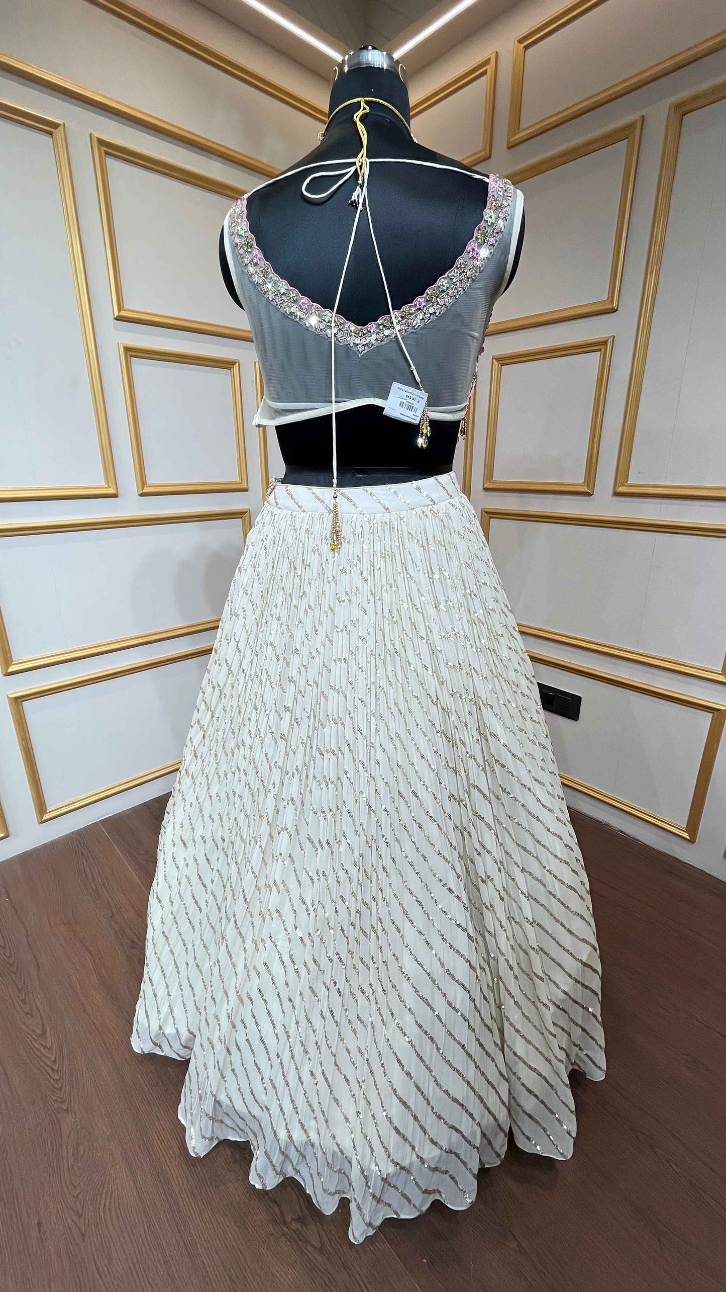 Georgette crop top skirt in ivory color in thread, siroski, sequins work with shrug