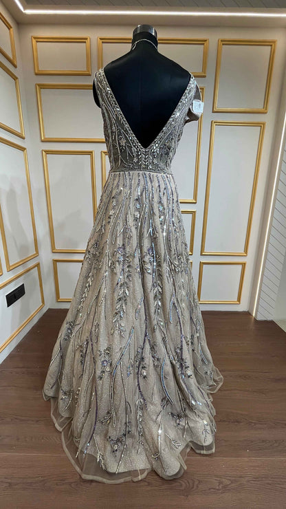 Shimmer fabric gown with sequins & pearl in champagne
