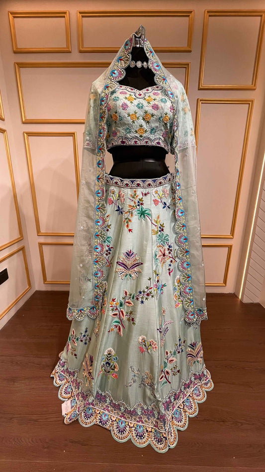 Raw silk lehenga with thread & stone in powder blue