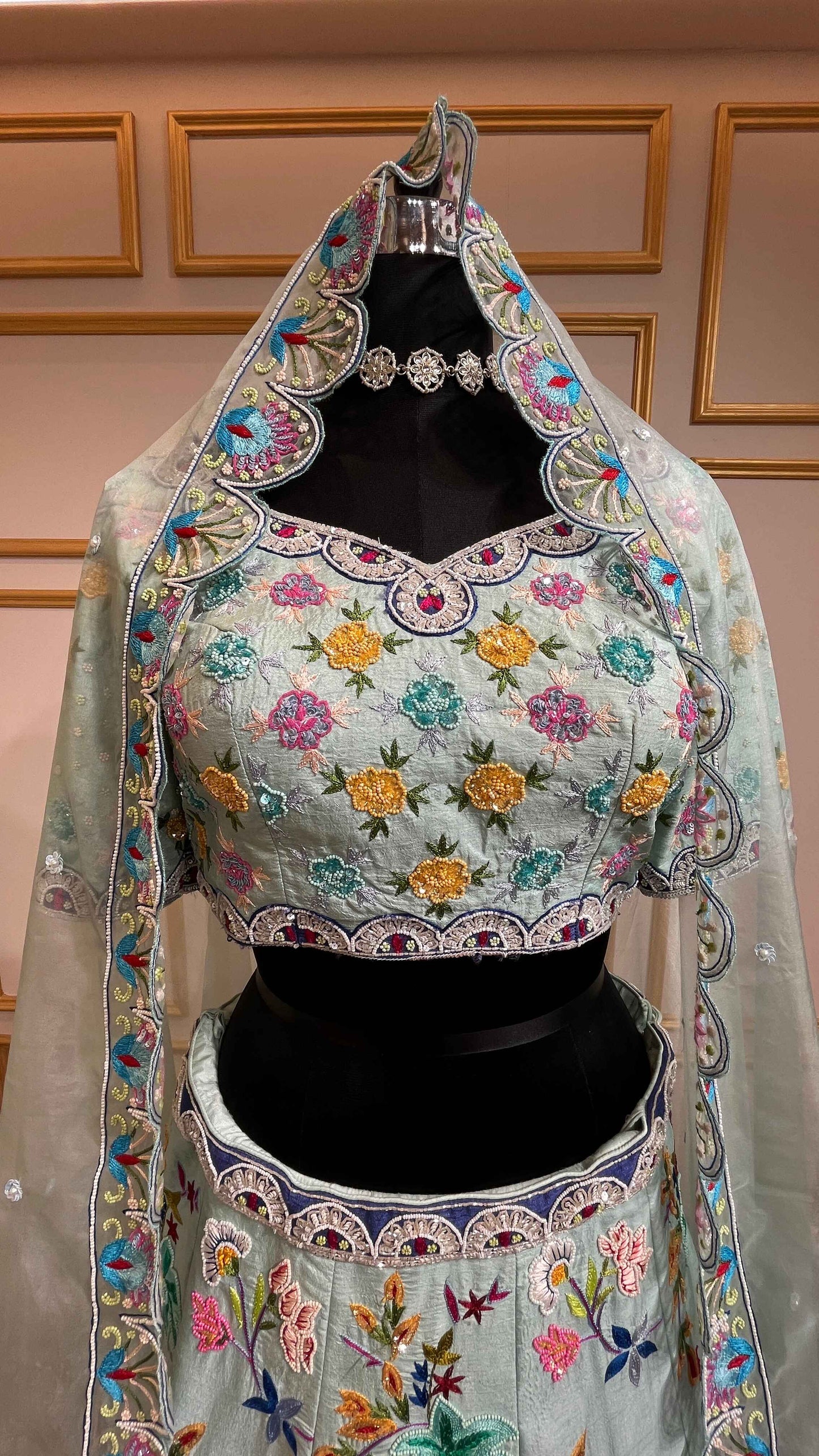 Raw silk lehenga with thread & stone in powder blue