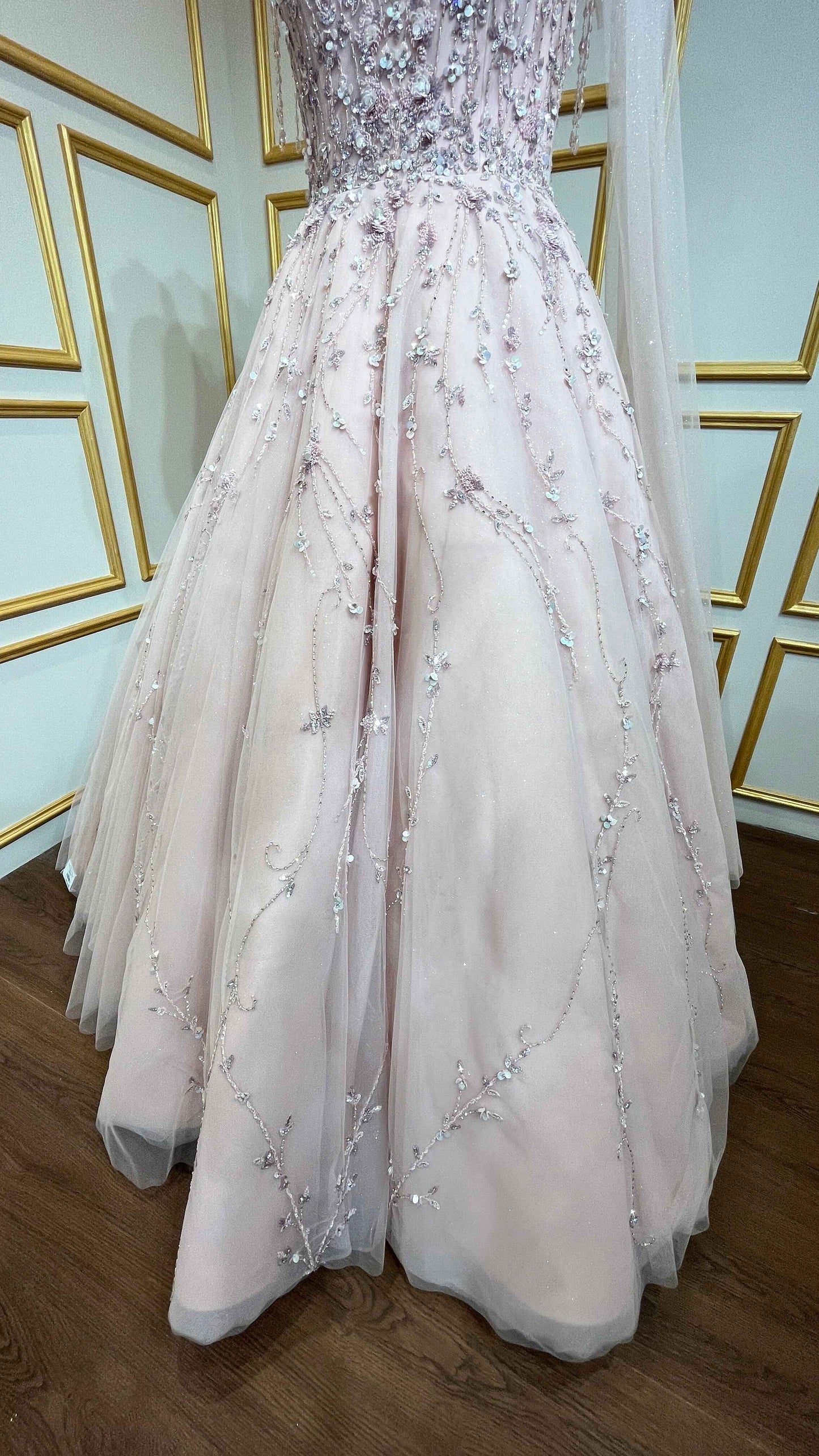 Pearl & crystal work on Light peach ball gown in net