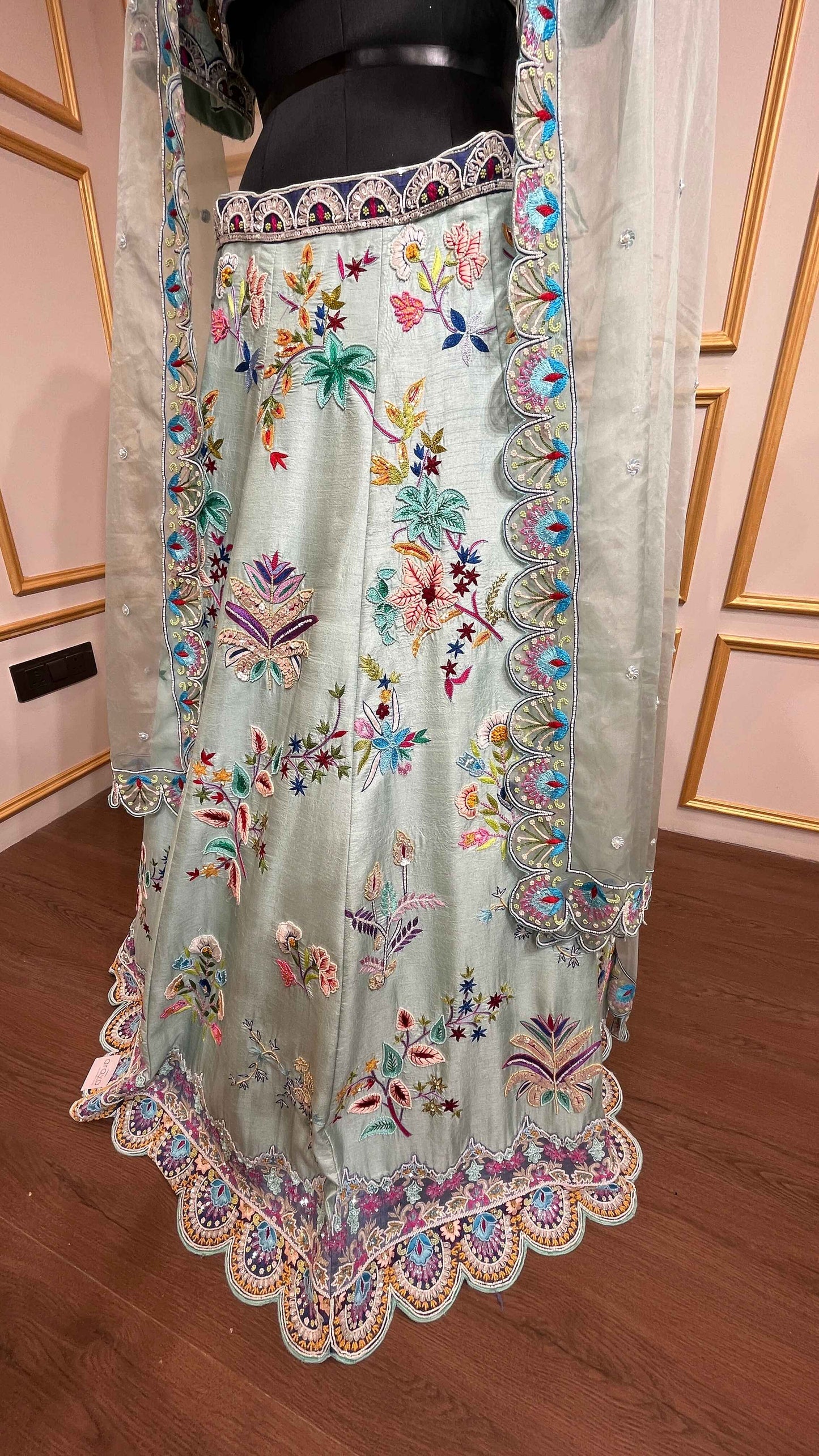 Raw silk lehenga with thread & stone in powder blue