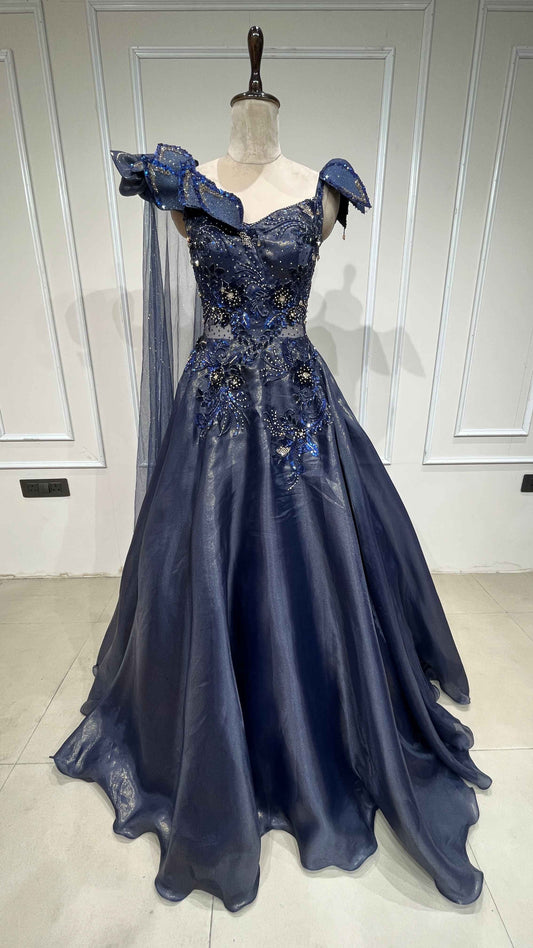 Deep blue engagement gown with cut dana & crystal in shimmer organza