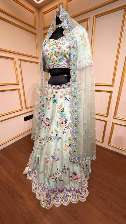 Raw silk lehenga with thread & stone in powder blue