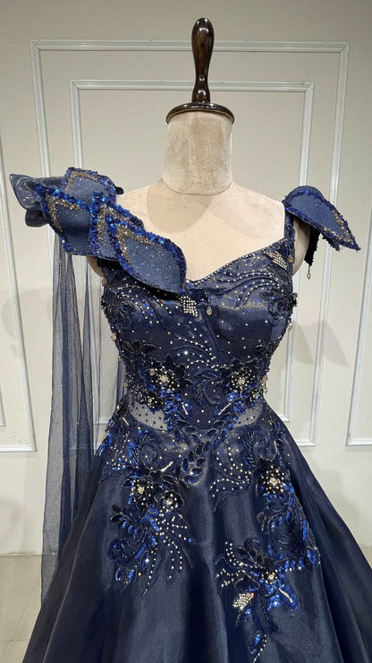 Deep blue engagement gown with cut dana & crystal in shimmer organza