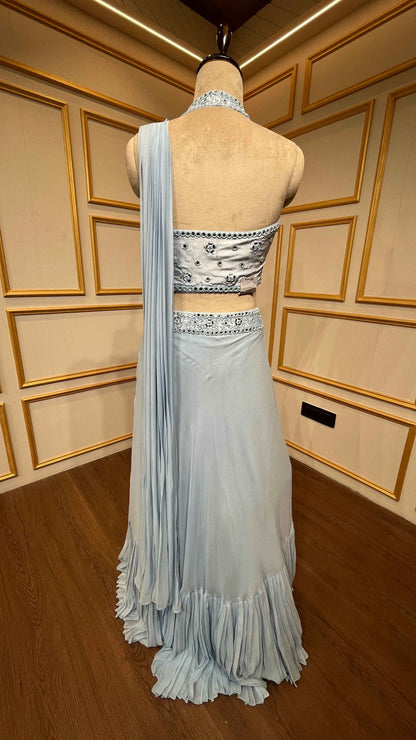Mirror & sequins work on light blue drape lehenga in georgette