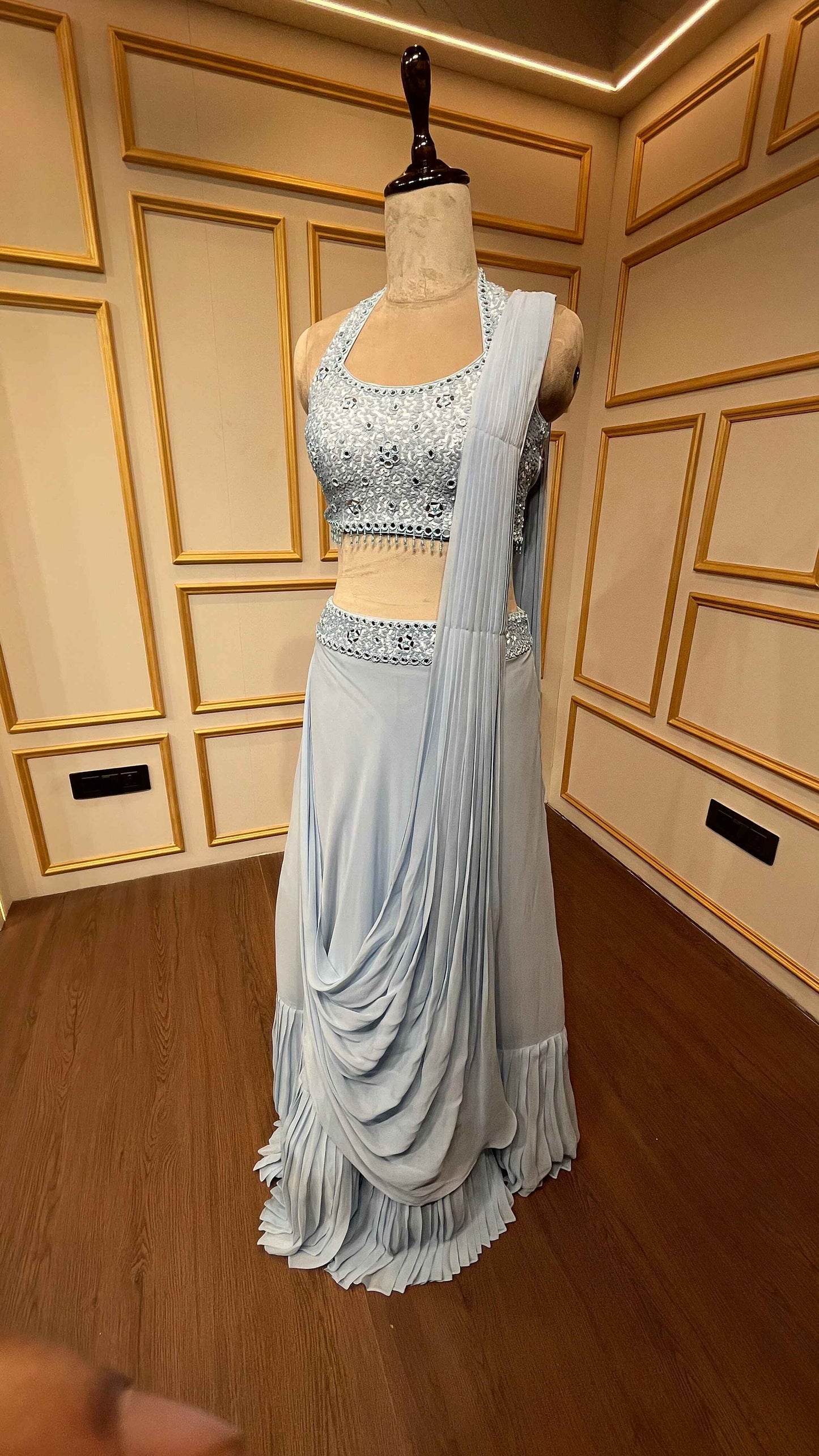 Mirror & sequins work on light blue drape lehenga in georgette
