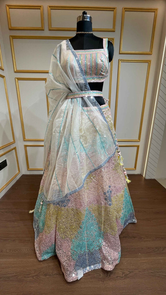 Multicolor lehenga with sequins & thread in net