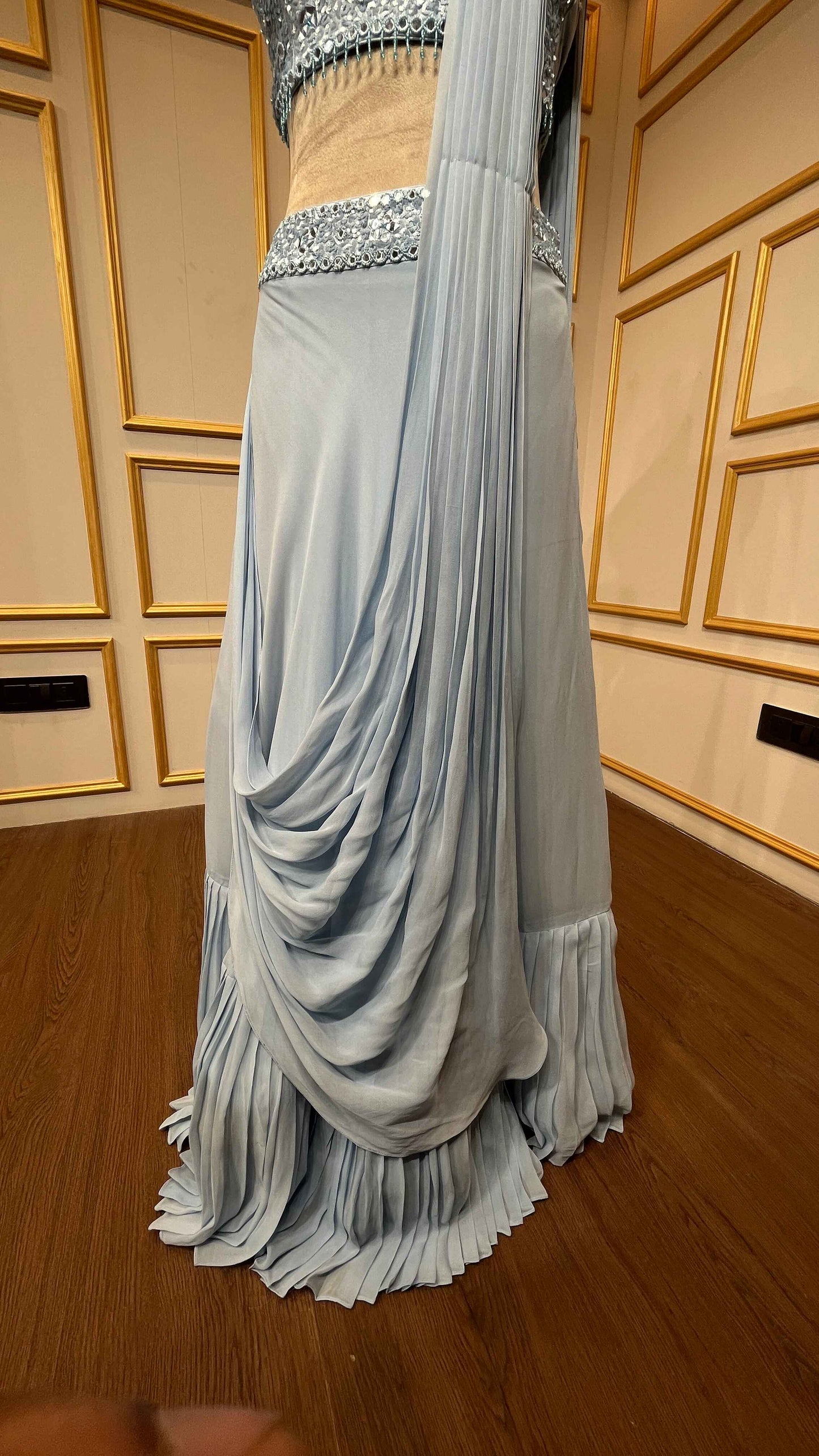 Mirror & sequins work on light blue drape lehenga in georgette
