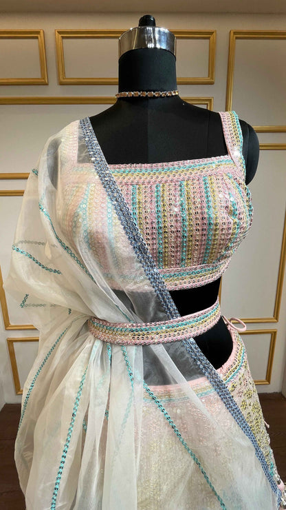 Multicolor lehenga with sequins & thread in net