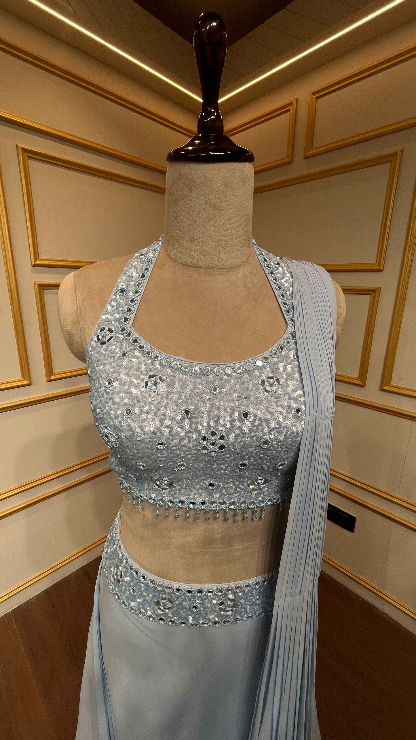 Mirror & sequins work on light blue drape lehenga in georgette