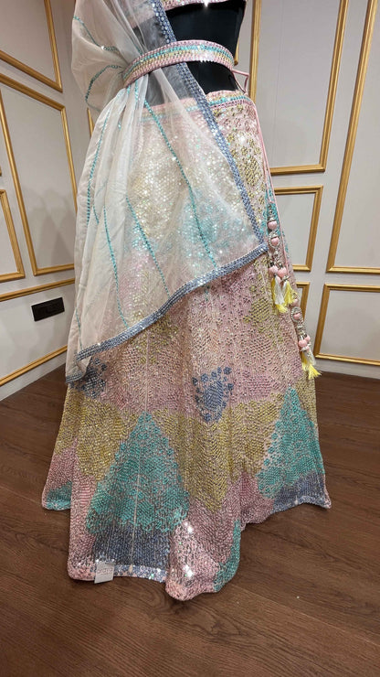 Multicolor lehenga with sequins & thread in net