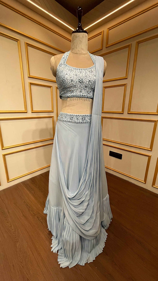 Mirror & sequins work on light blue drape lehenga in georgette