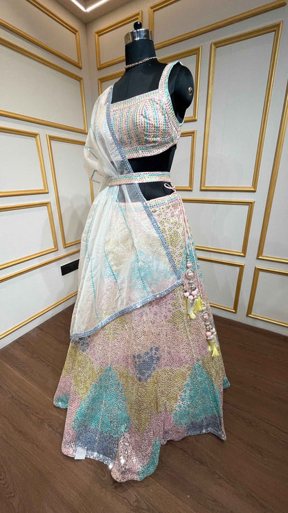 Multicolor lehenga with sequins & thread in net