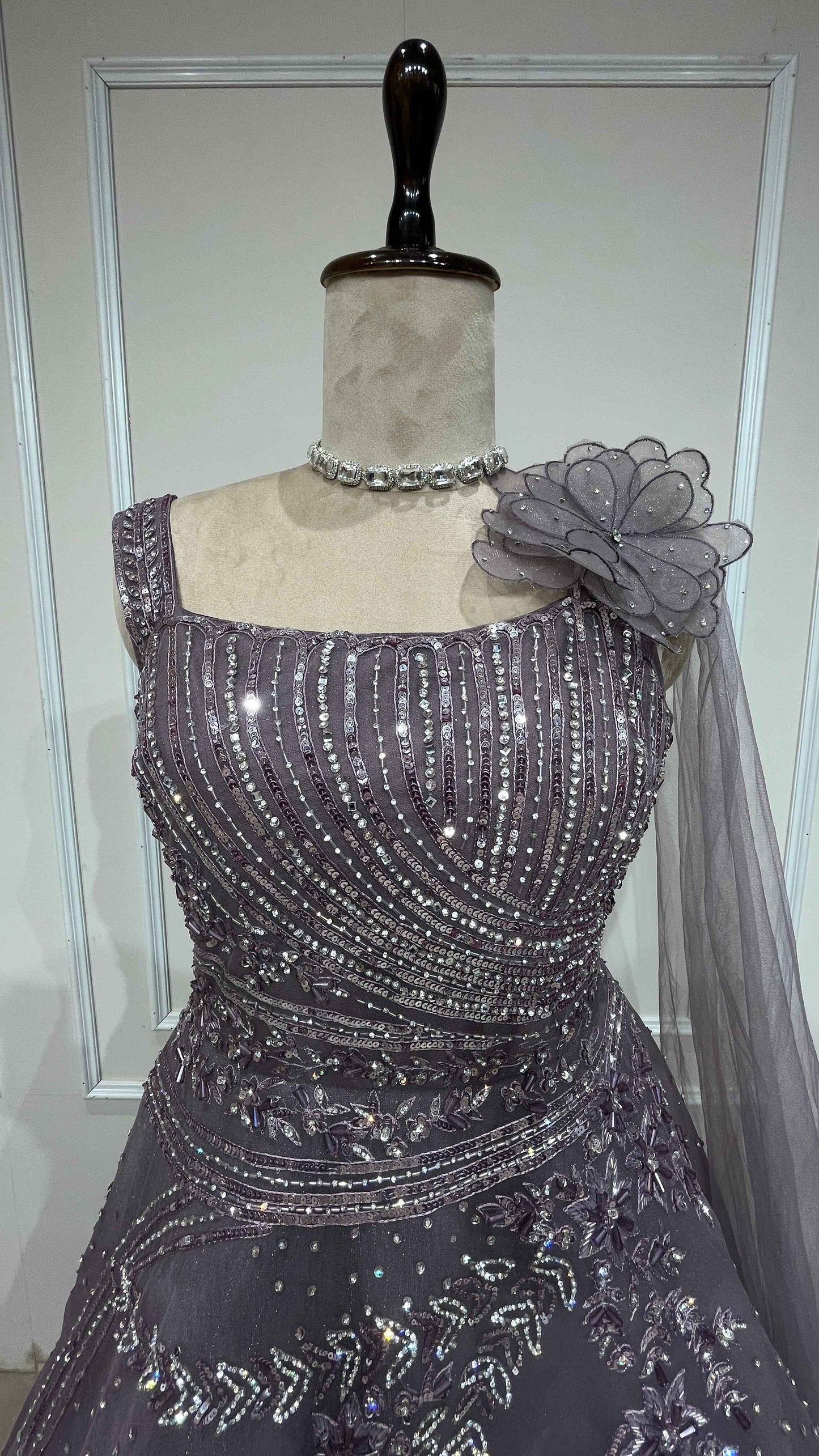 Crystal & sequins work on mesh gown in mauve color