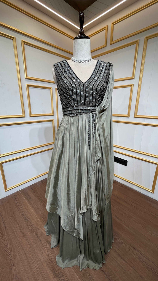 Chinon indo westerns with pearl & beads in olive green