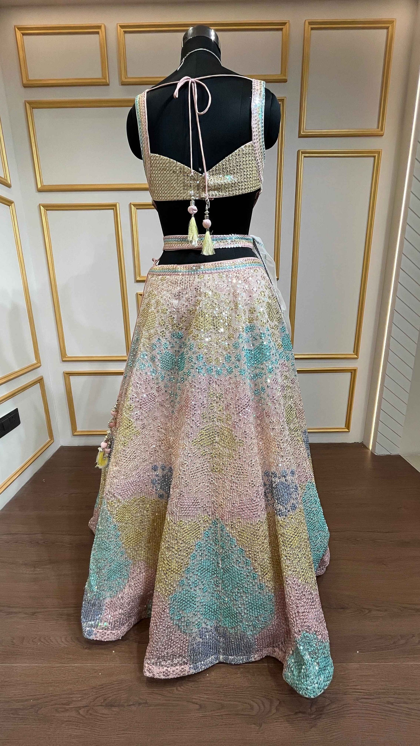 Multicolor lehenga with sequins & thread in net