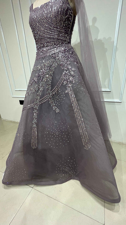 Crystal & sequins work on mesh gown in mauve color