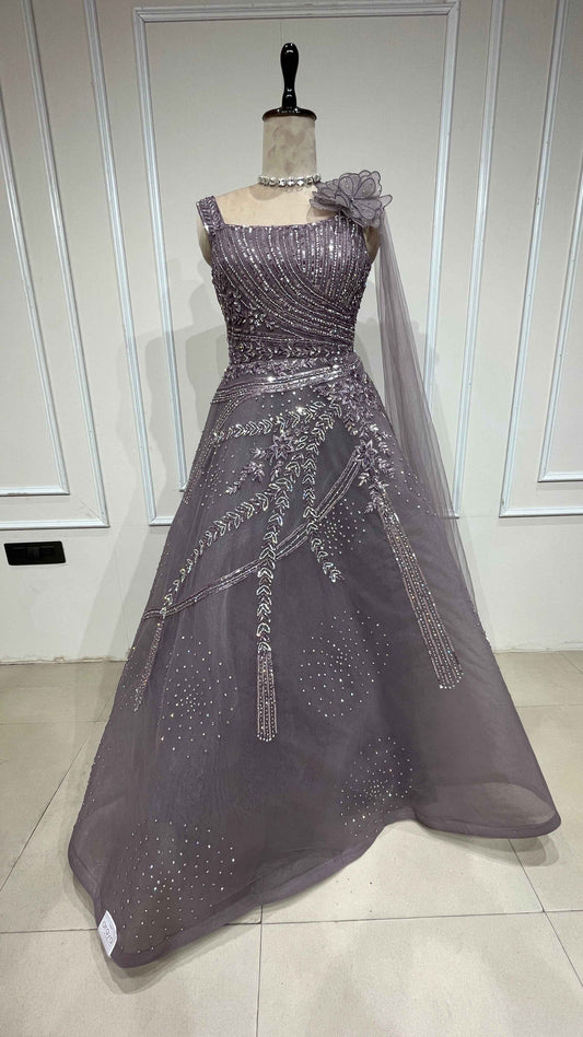Crystal & sequins work on mesh gown in mauve color