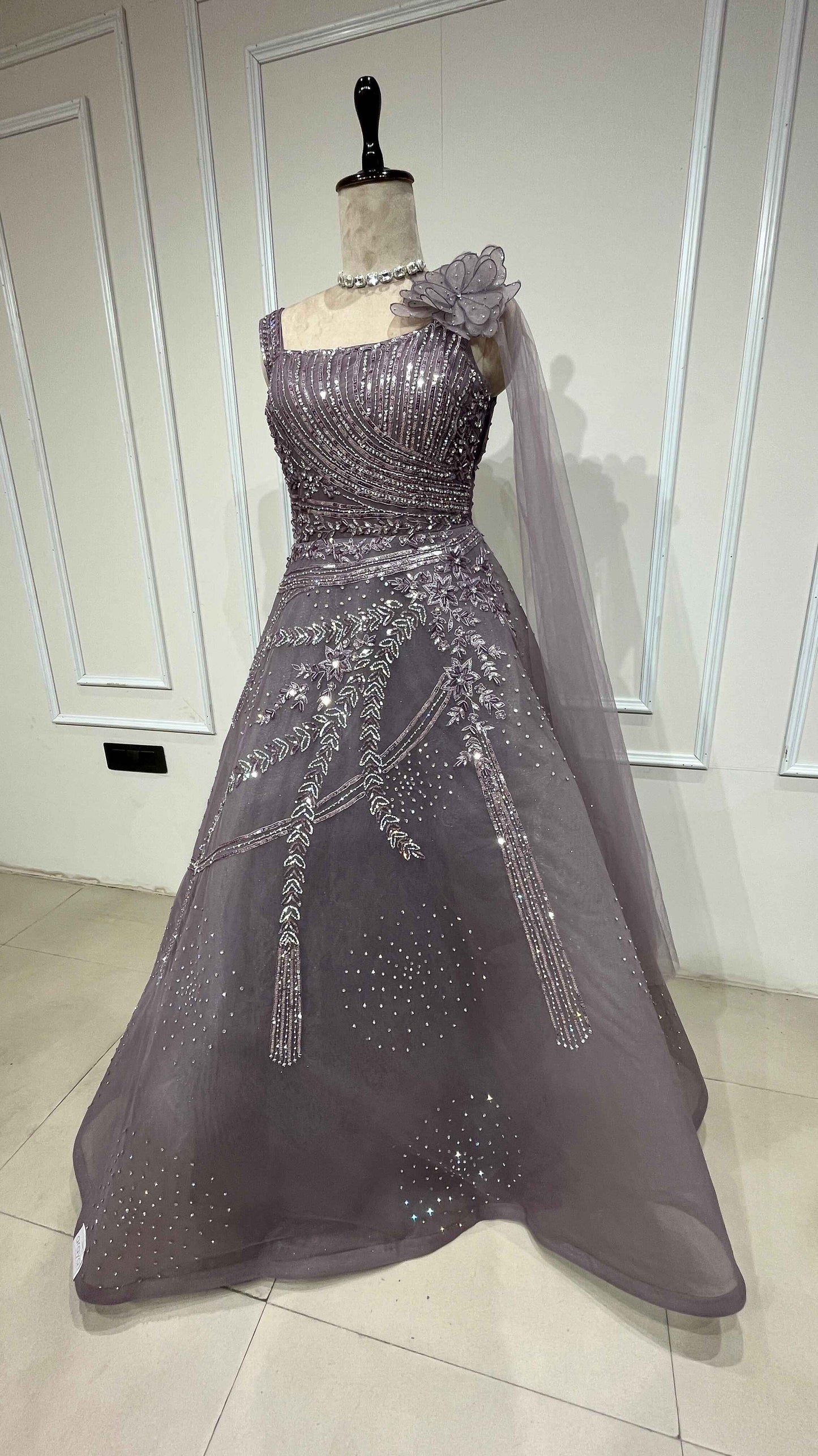 Crystal & sequins work on mesh gown in mauve color
