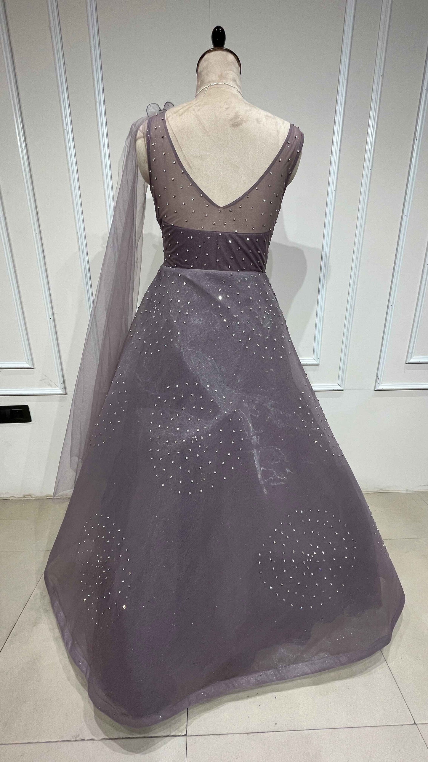 Crystal & sequins work on mesh gown in mauve color