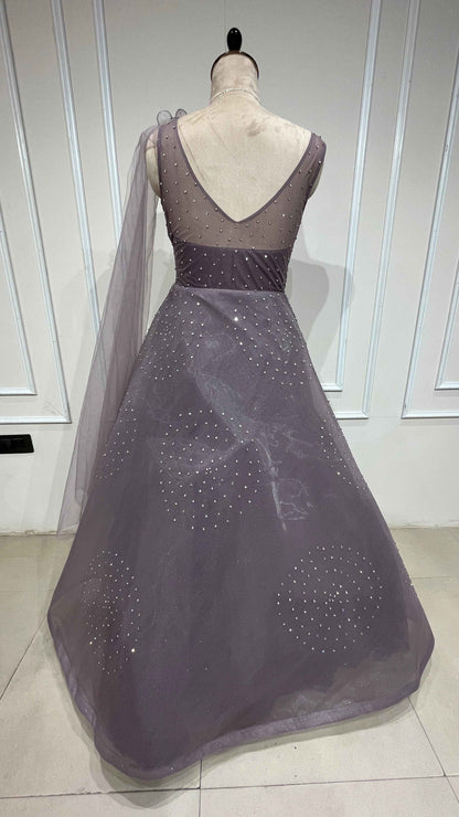 Crystal & sequins work on mesh gown in mauve color