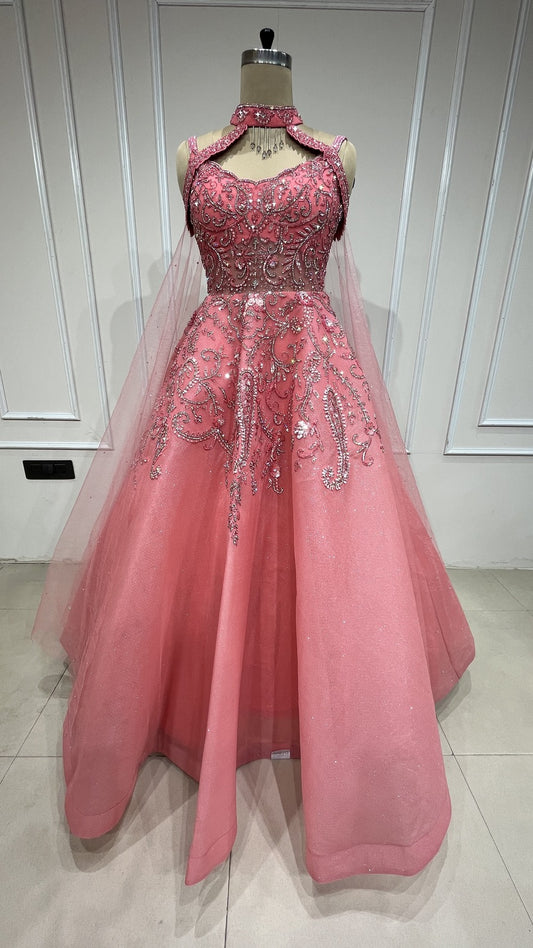 Carrot peach engagement gown with crystal & cut dana work on mesh
