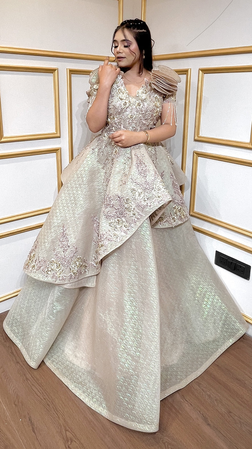 Russian self tissue engagement gown with resham & zardozi hand touch in golden