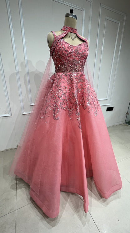 Carrot peach engagement gown with crystal & cut dana work on mesh