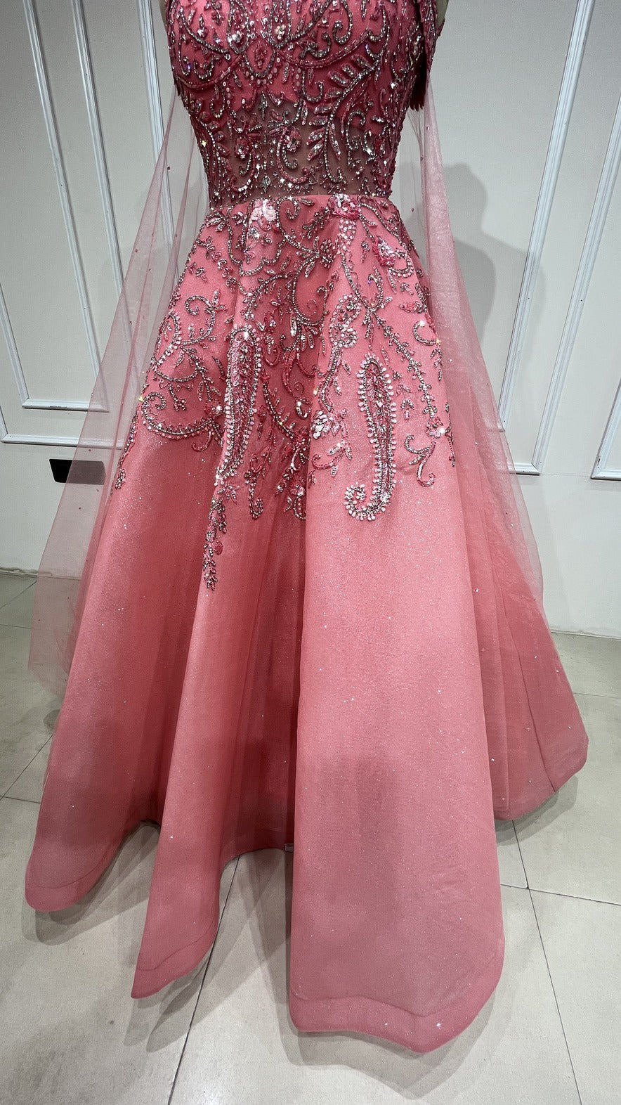 Carrot peach engagement gown with crystal & cut dana work on mesh