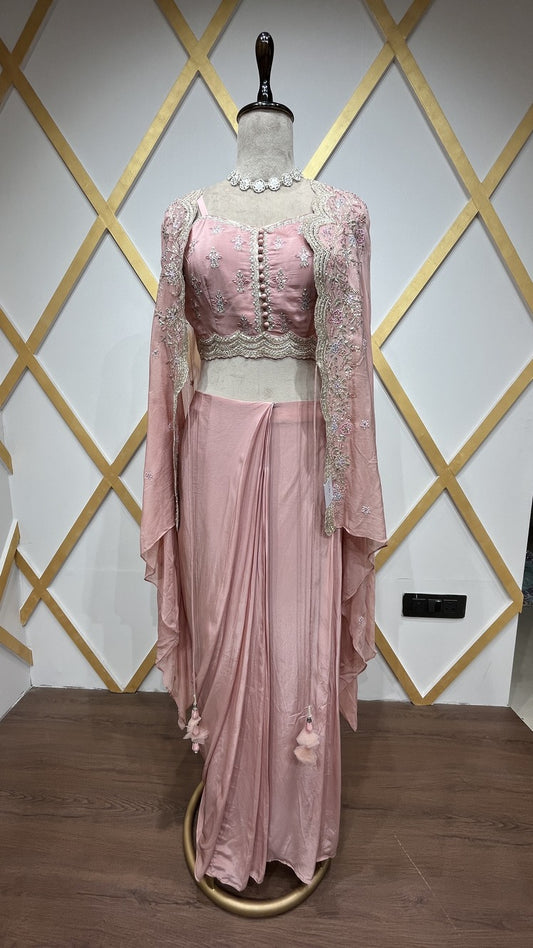 Crepe dhoti style with thread & zari in powder peach & chinon shrug