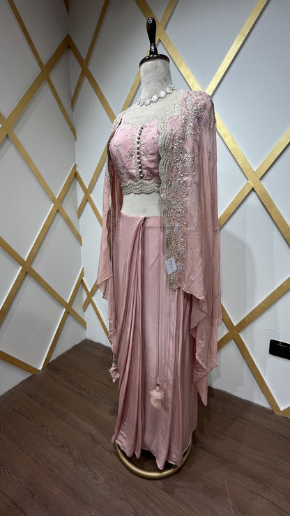 Crepe dhoti style with thread & zari in powder peach & chinon shrug