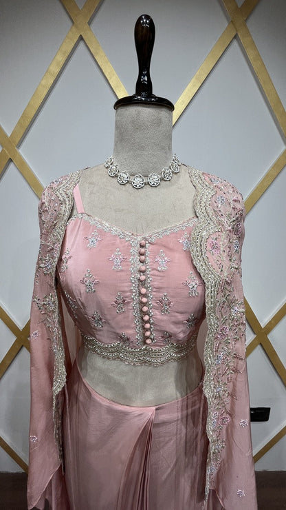 Crepe dhoti style with thread & zari in powder peach & chinon shrug