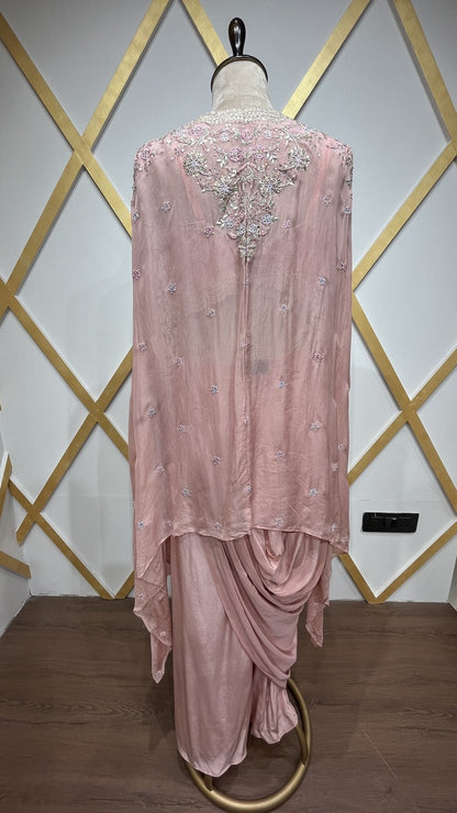 Crepe dhoti style with thread & zari in powder peach & chinon shrug