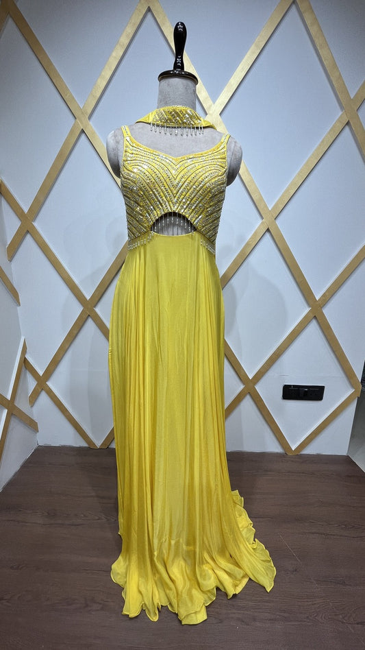 Chinon bright yellow dress with resham & pearl along with peephole detailing