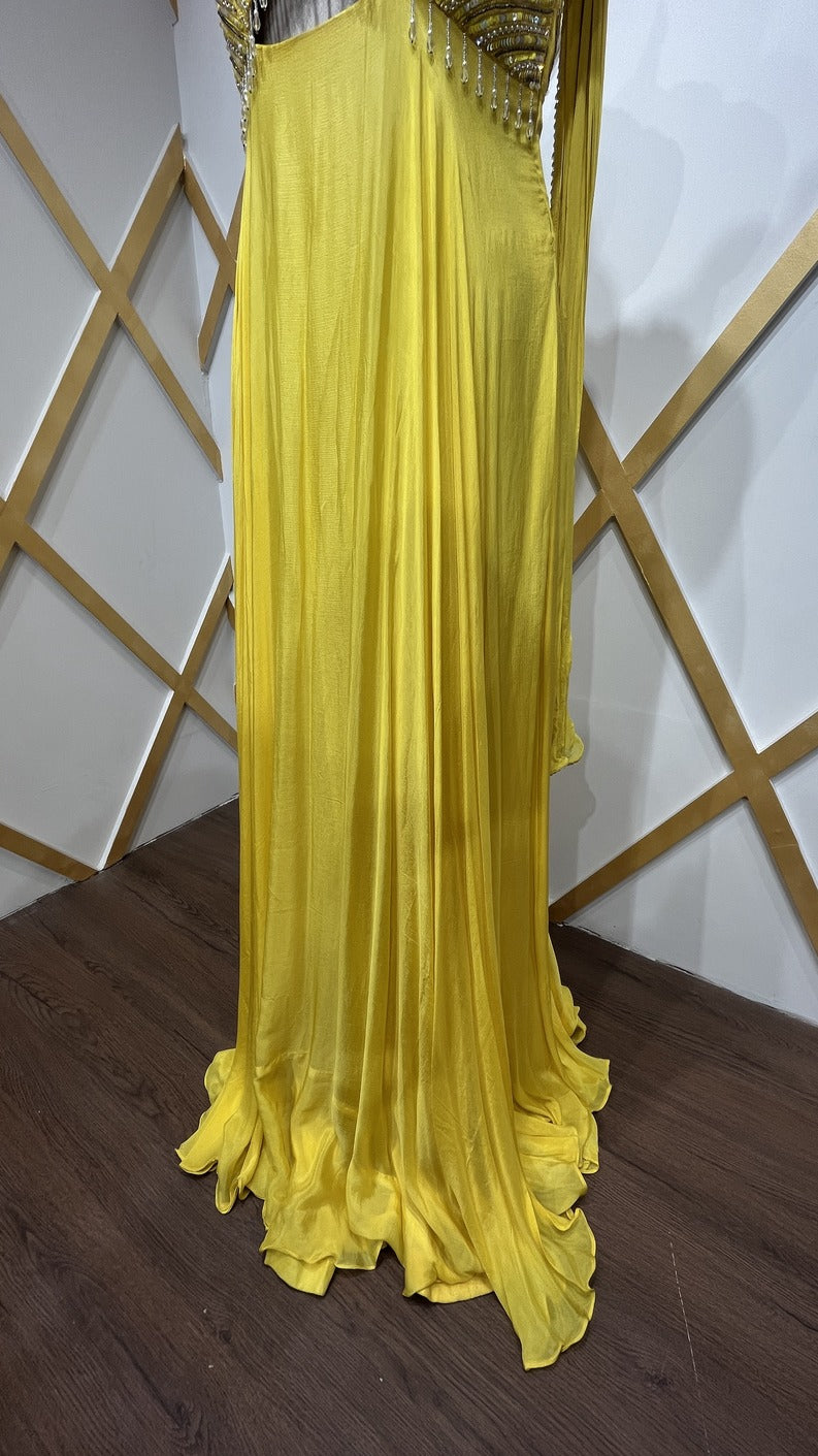 Chinon bright yellow dress with resham & pearl along with peephole detailing