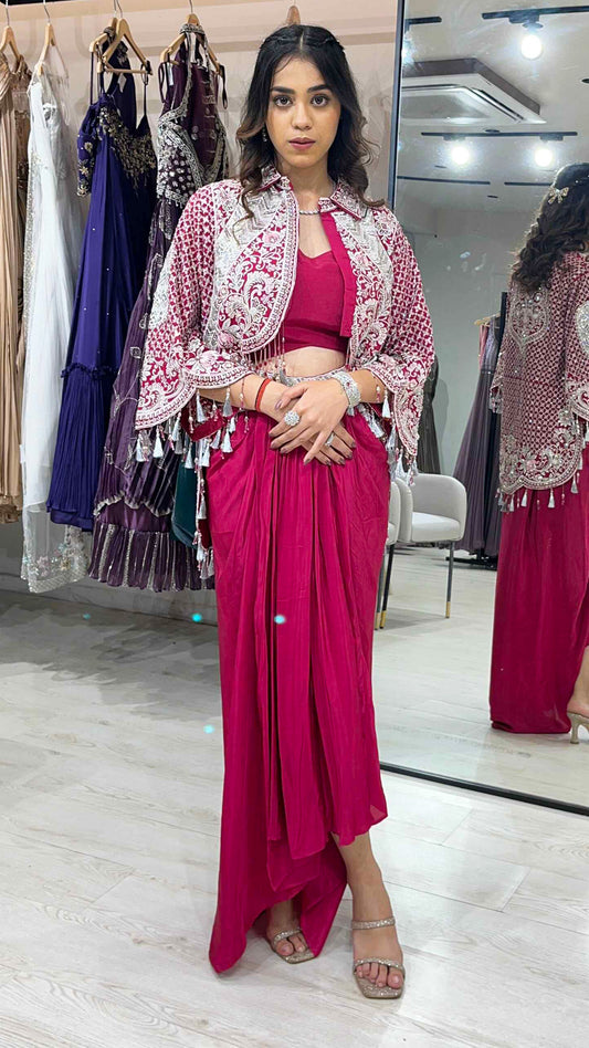 Satin dhoti style with dabka & crystal work on jacket in magenta
