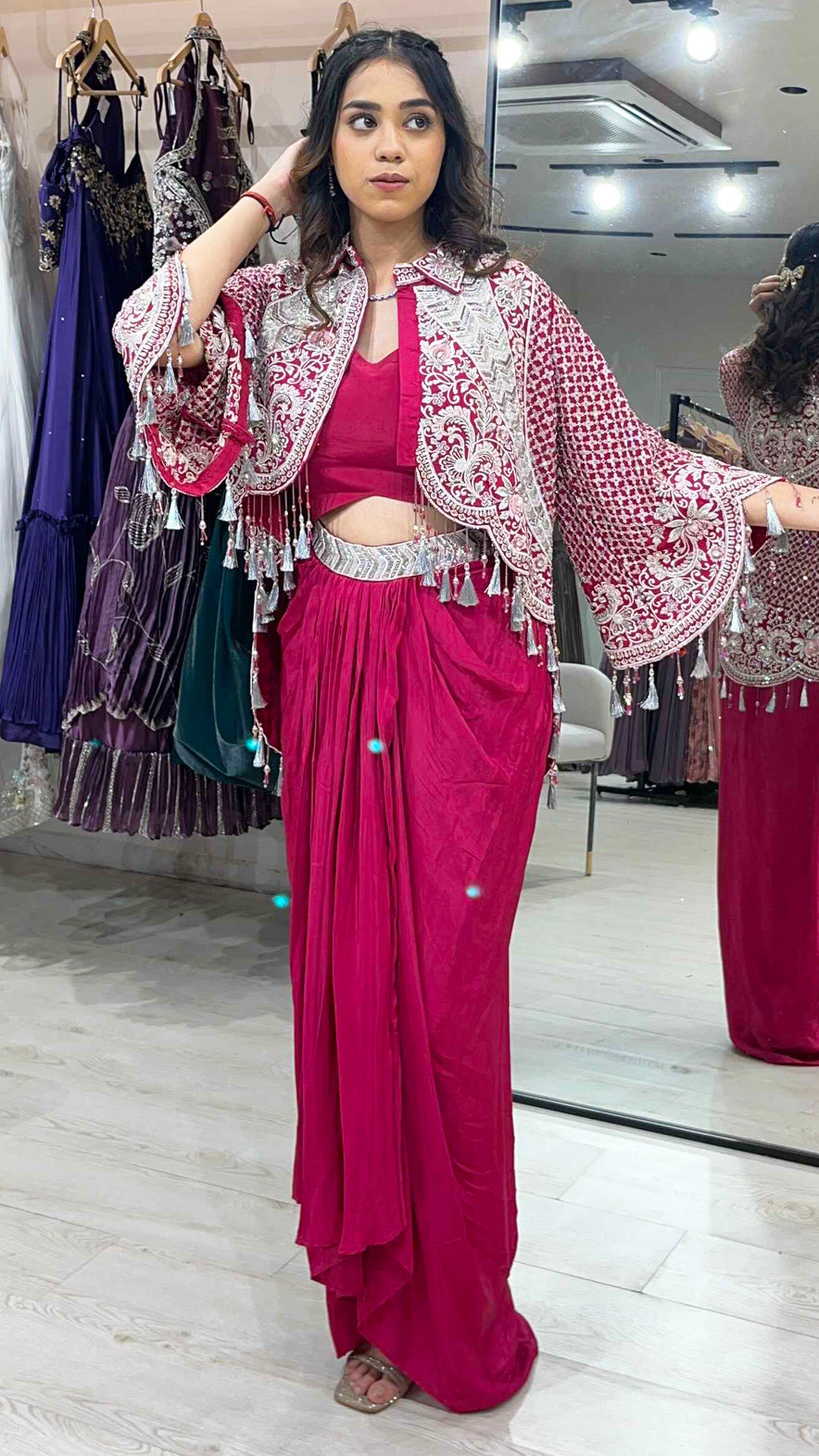 Satin dhoti style with dabka & crystal work on jacket in magenta