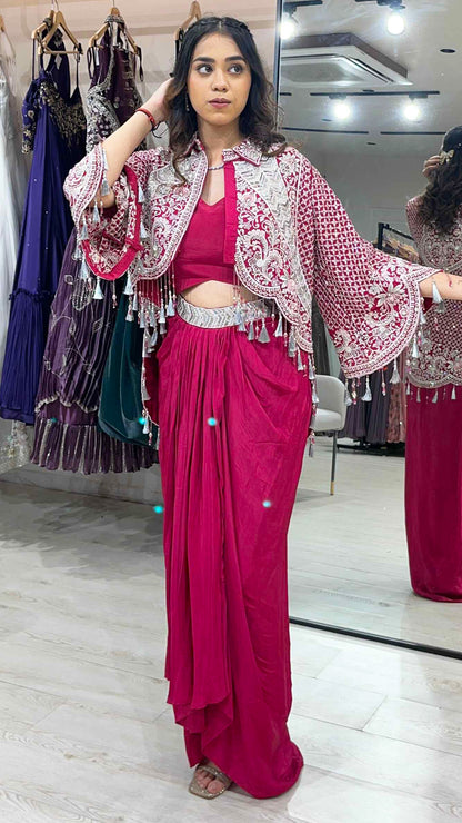 Satin dhoti style with dabka & crystal work on jacket in magenta