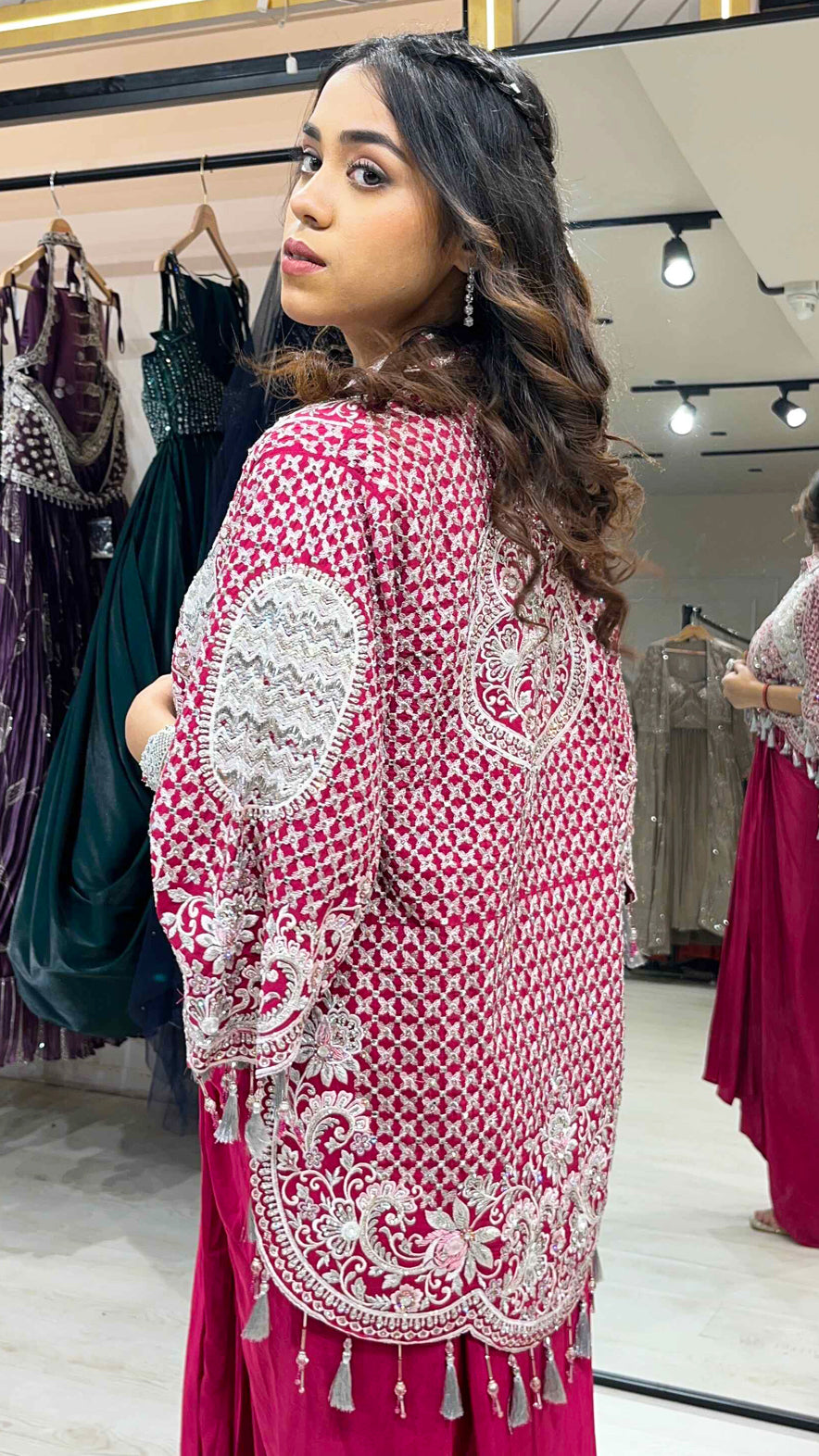 Satin dhoti style with dabka & crystal work on jacket in magenta