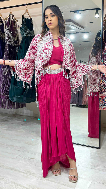 Satin dhoti style with dabka & crystal work on jacket in magenta
