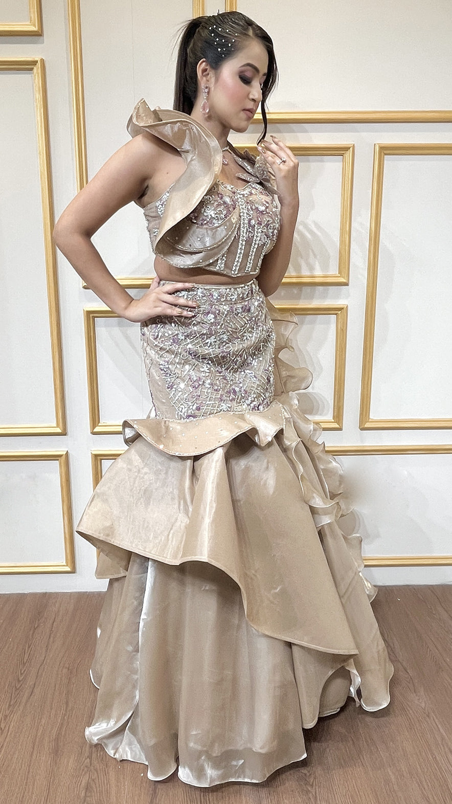 Organza mermaid lehenga with zarkan & pearl golden beige