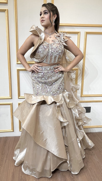 Organza mermaid lehenga with zarkan & pearl golden beige